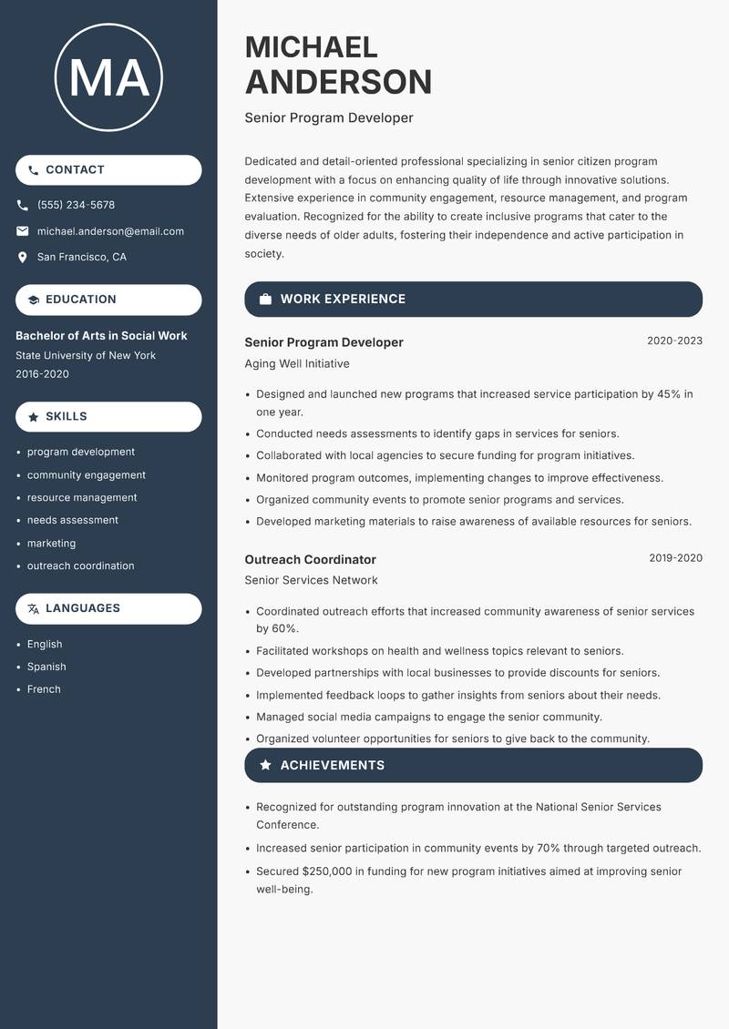 Senior Citizen Program Officer Resume Preview Example