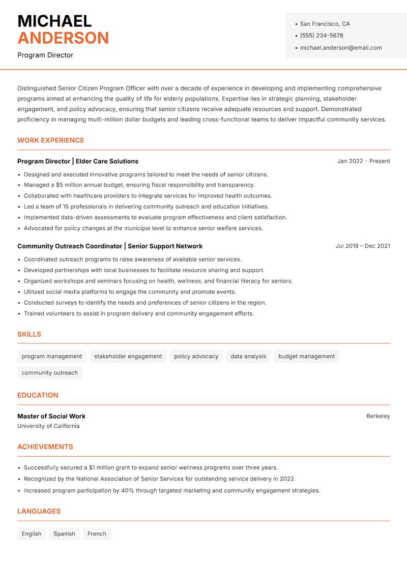 Senior Citizen Program Officer Resume Template