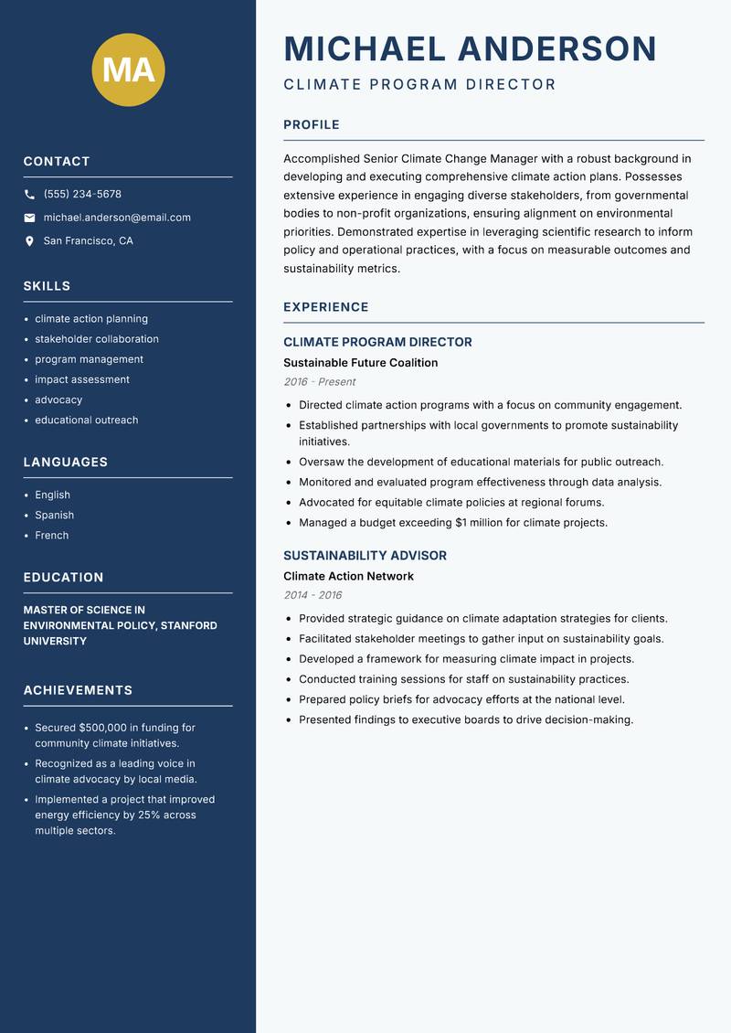 Senior Climate Change Manager Resume Preview Example