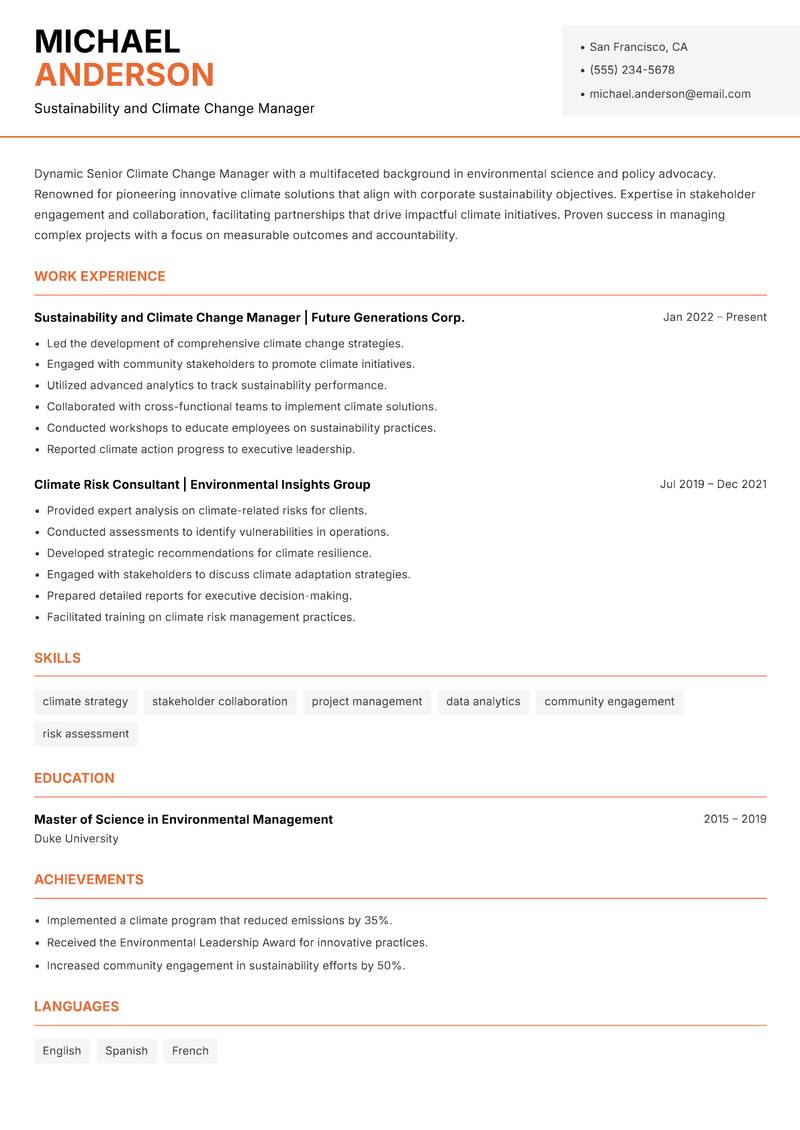 Senior Climate Change Manager Resume Template