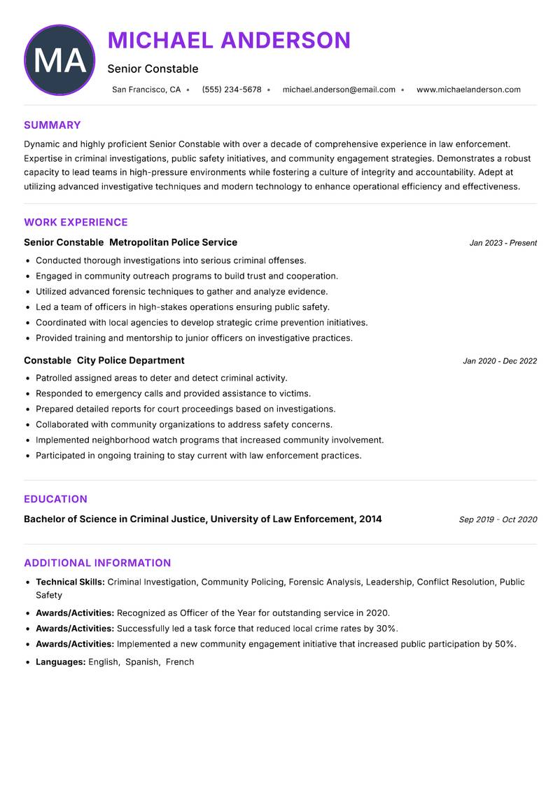 Senior Constable Resume Preview Example