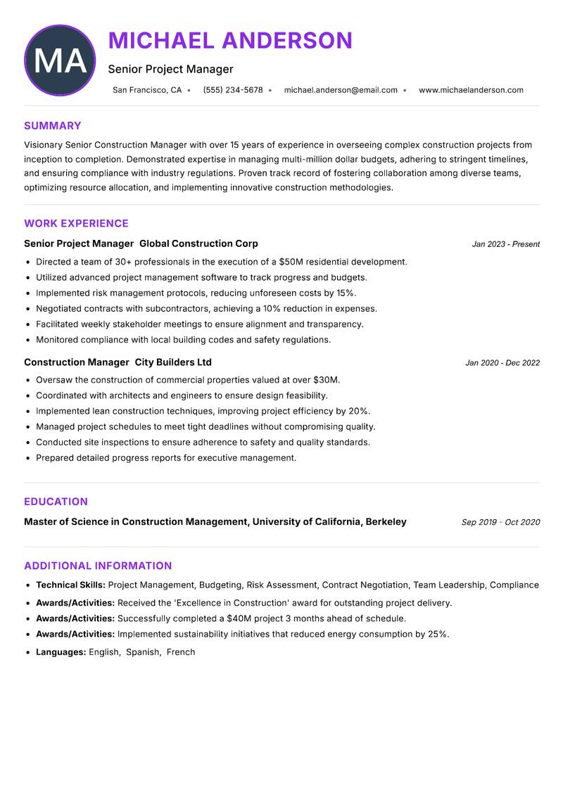 Senior Construction Manager Resume Preview Example