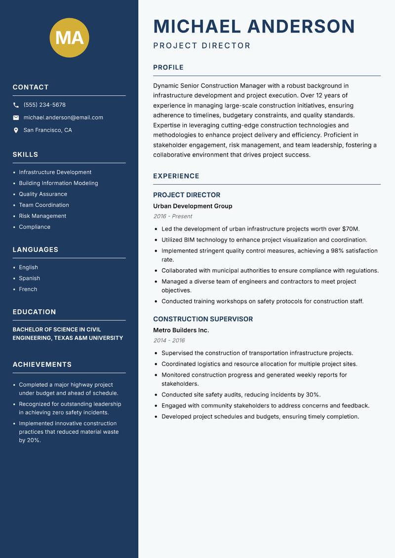 Senior Construction Manager Resume Preview Example