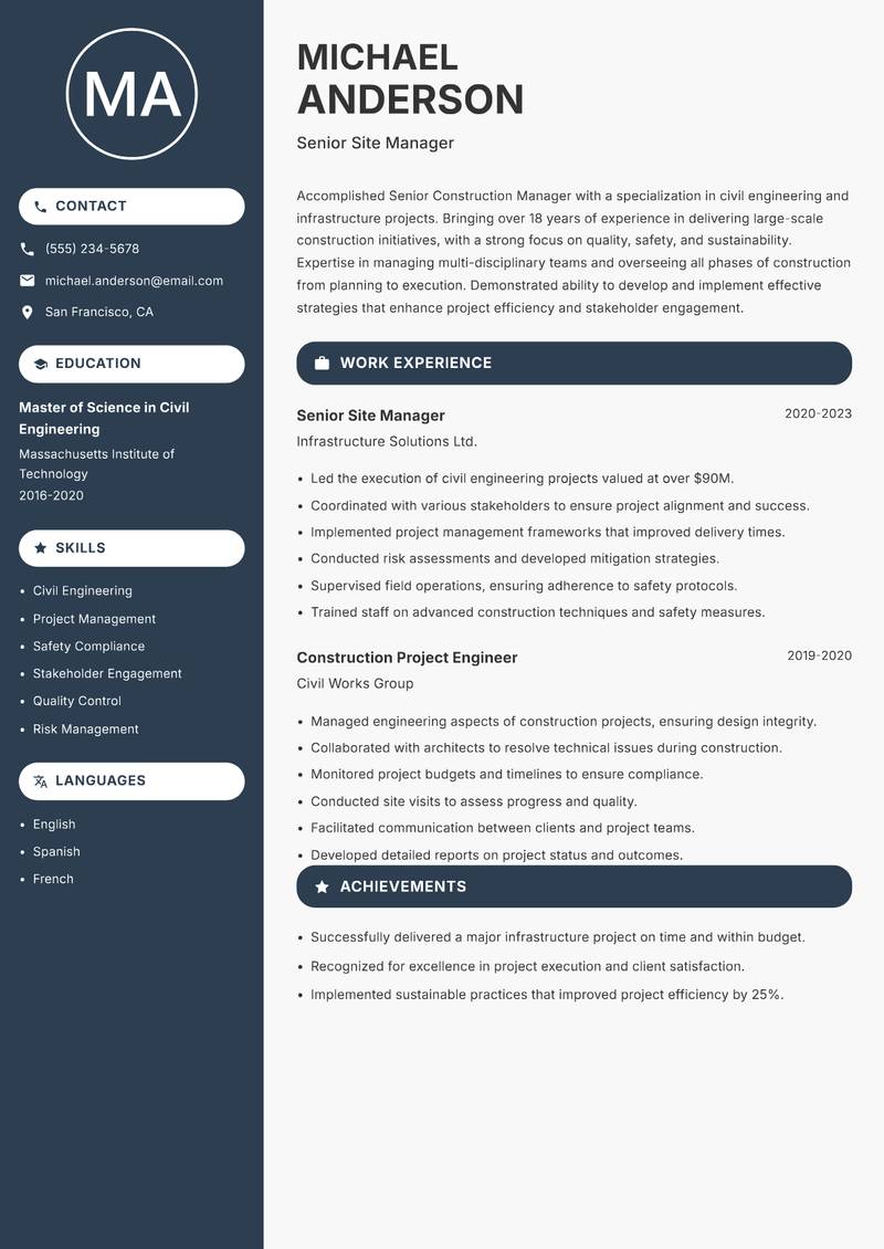 Senior Construction Manager Resume Preview Example
