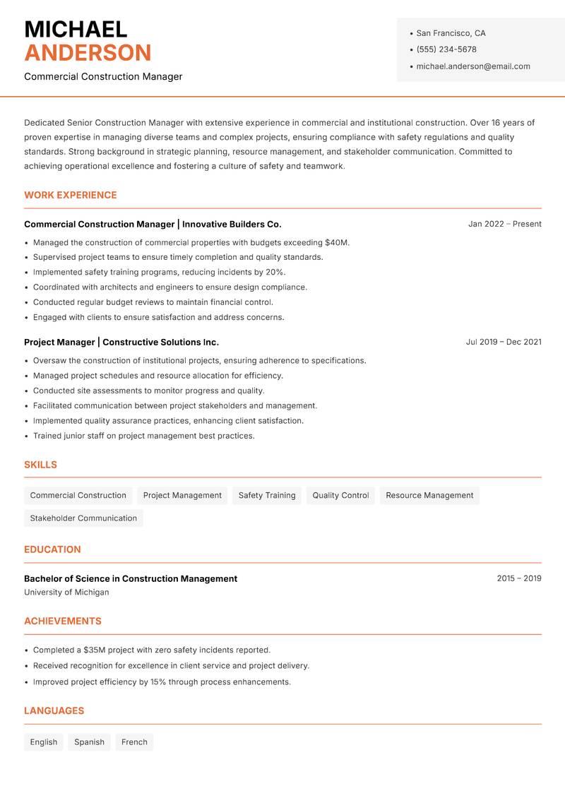 Senior Construction Manager Resume Template