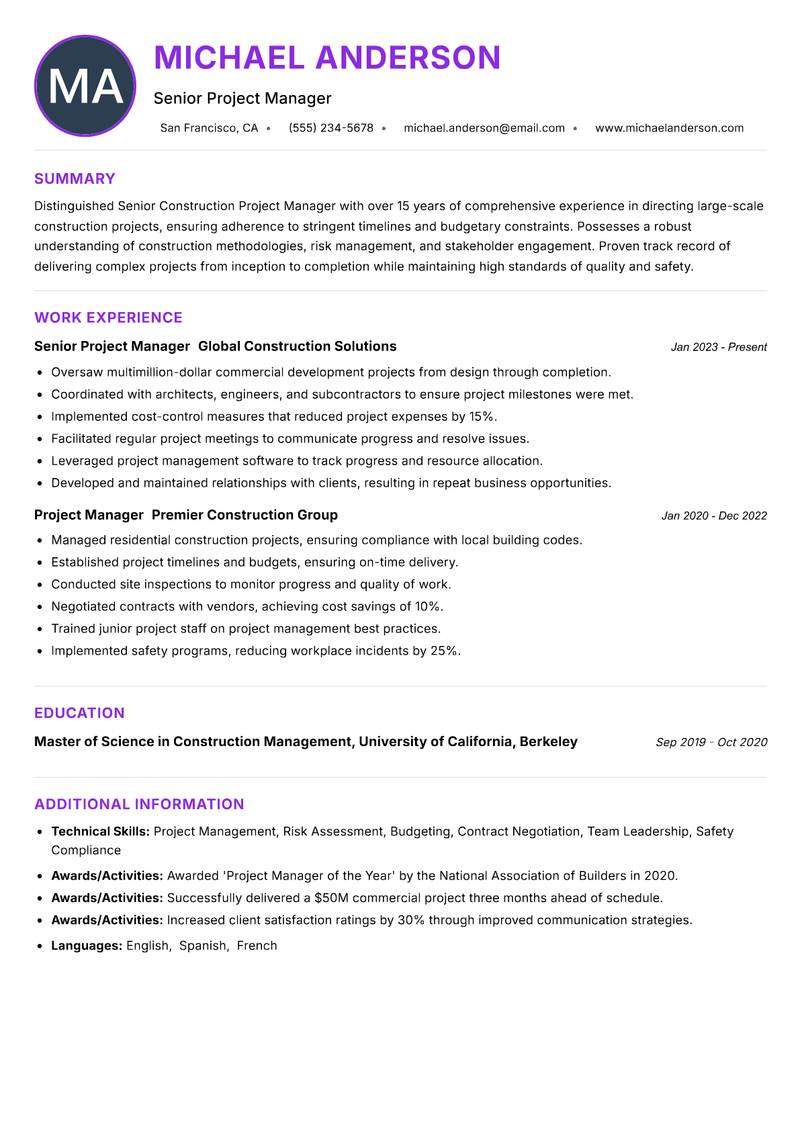 Senior Construction Project Manager Resume Preview Example