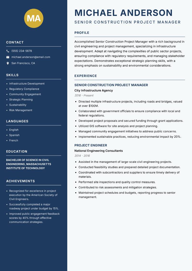 Senior Construction Project Manager Resume Preview Example