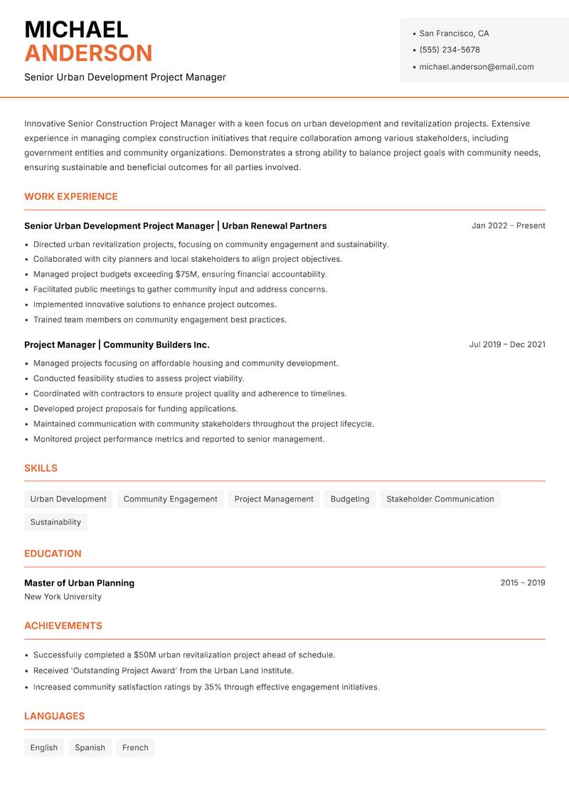 Senior Construction Project Manager Resume Template