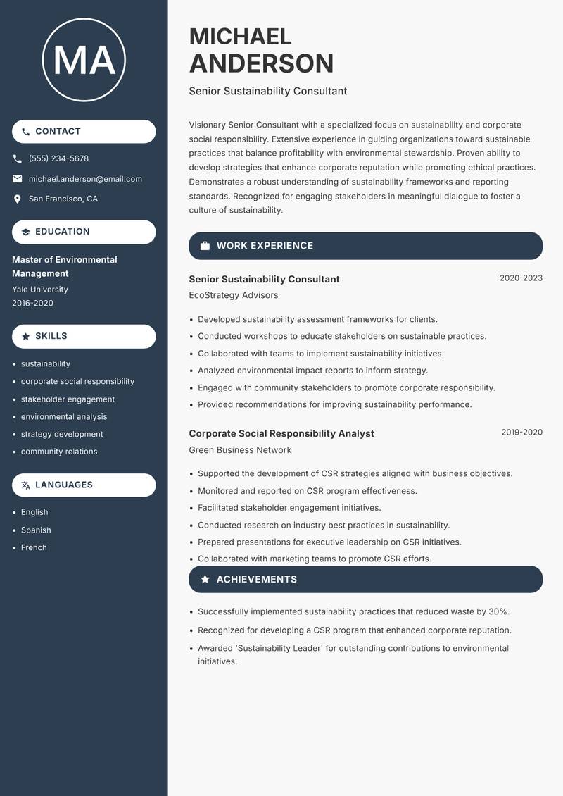Senior Consultant Resume Preview Example