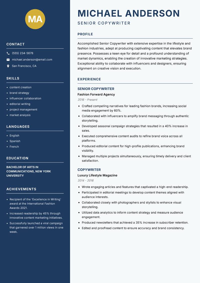 Senior Copywriter Resume Preview Example