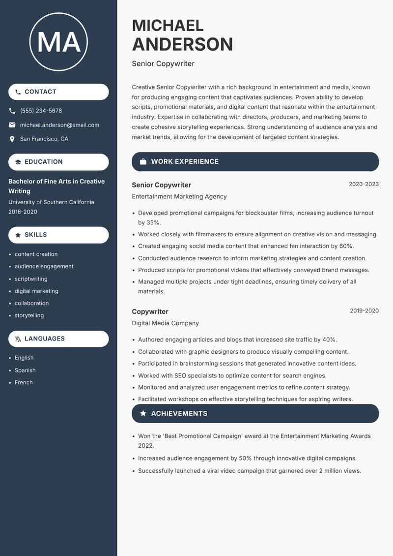 Senior Copywriter Resume Preview Example