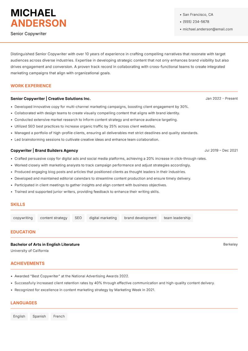 Senior Copywriter Resume Template
