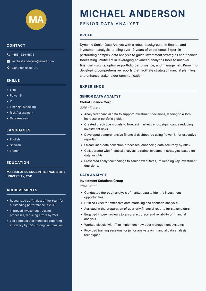 Senior Data Analyst Resume Preview Example