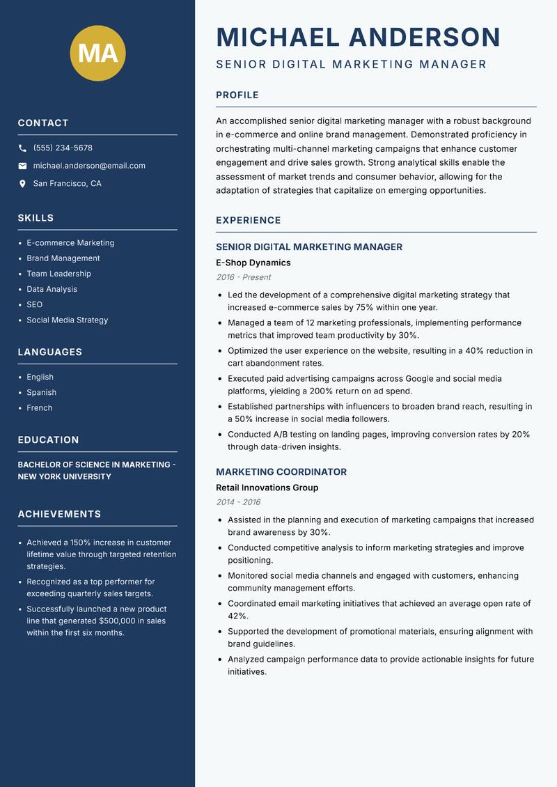 Senior Digital Marketing Manager Resume Preview Example