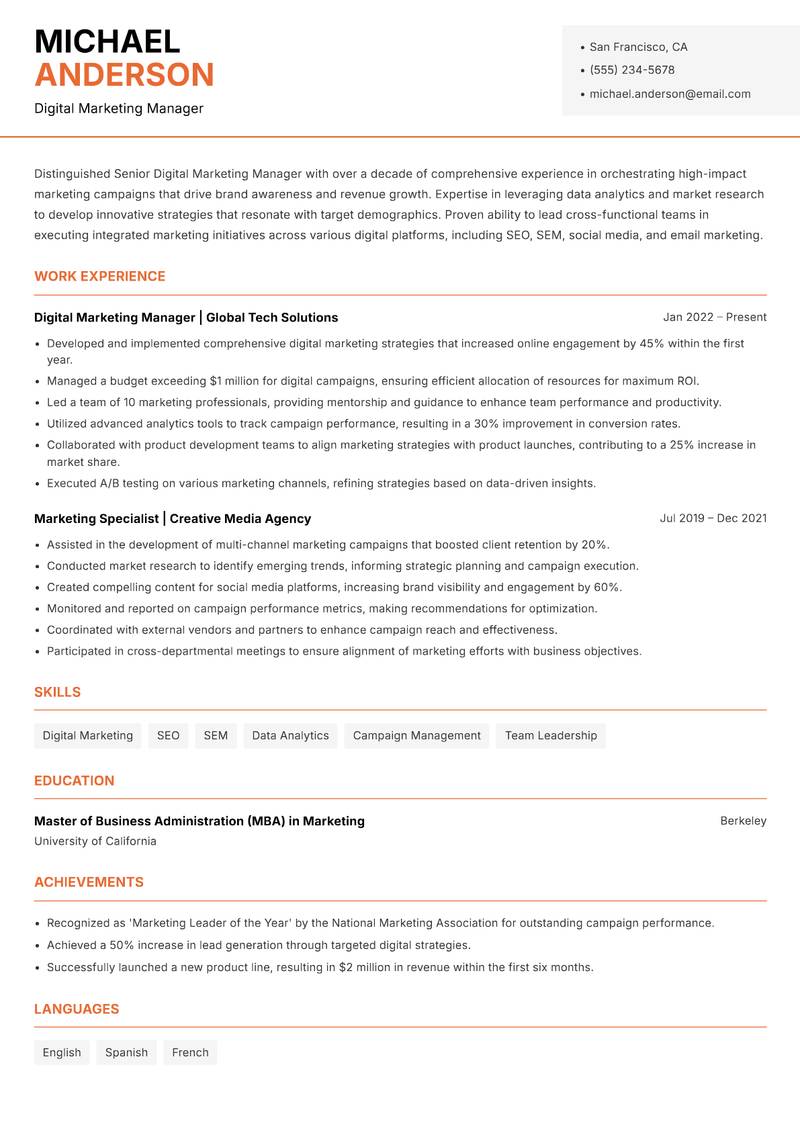 Senior Digital Marketing Manager Resume Template