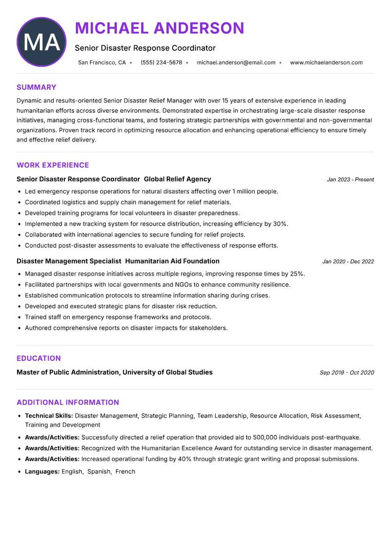 Senior Disaster Relief Manager Resume Preview Example