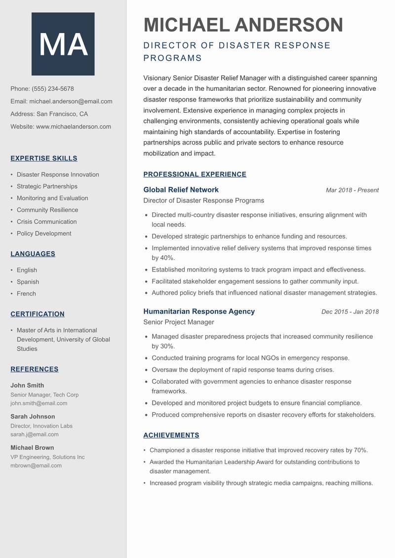 Senior Disaster Relief Manager Resume Preview Example