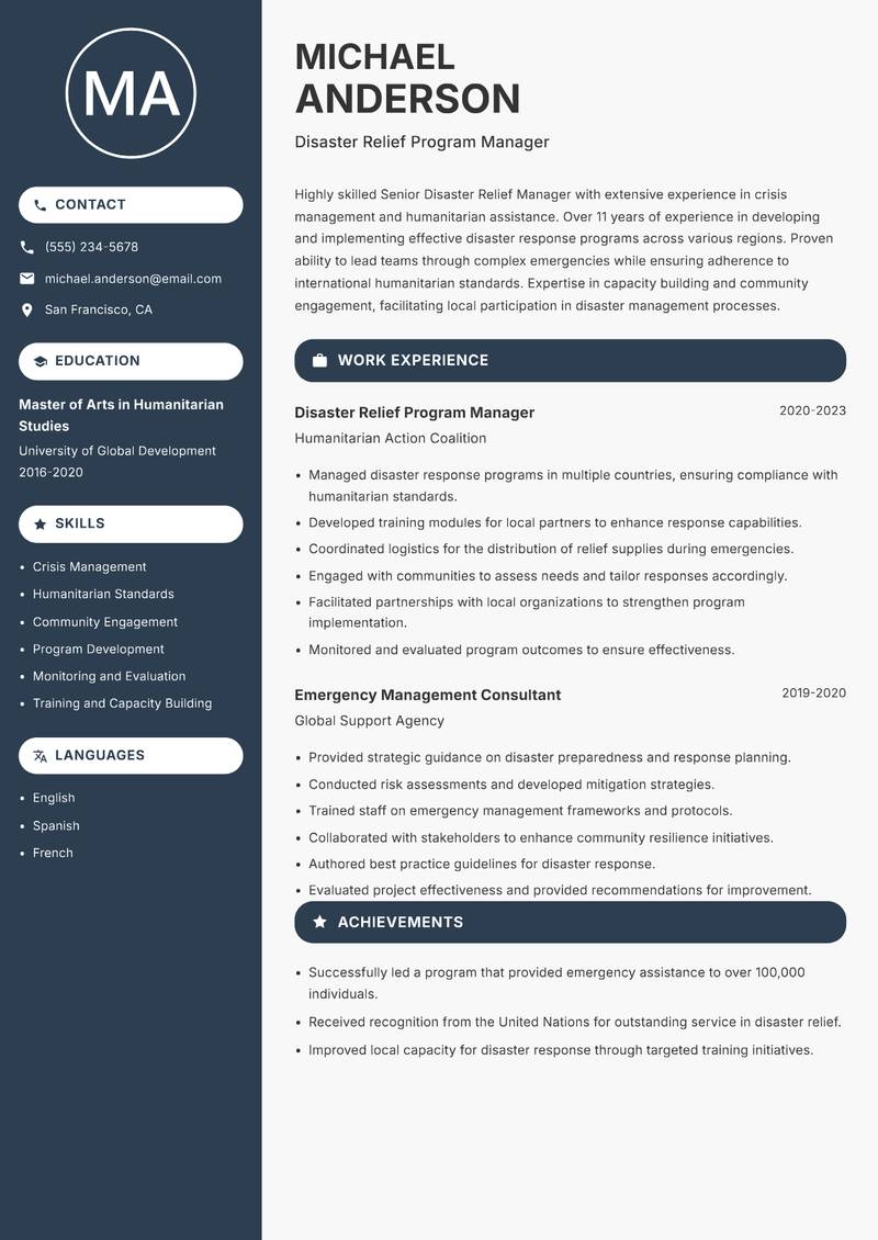 Senior Disaster Relief Manager Resume Preview Example