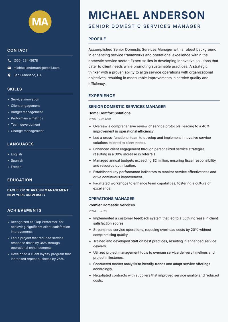 Senior Domestic Services Manager Resume Preview Example
