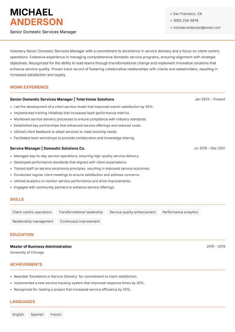 Senior Domestic Services Manager Resume Template