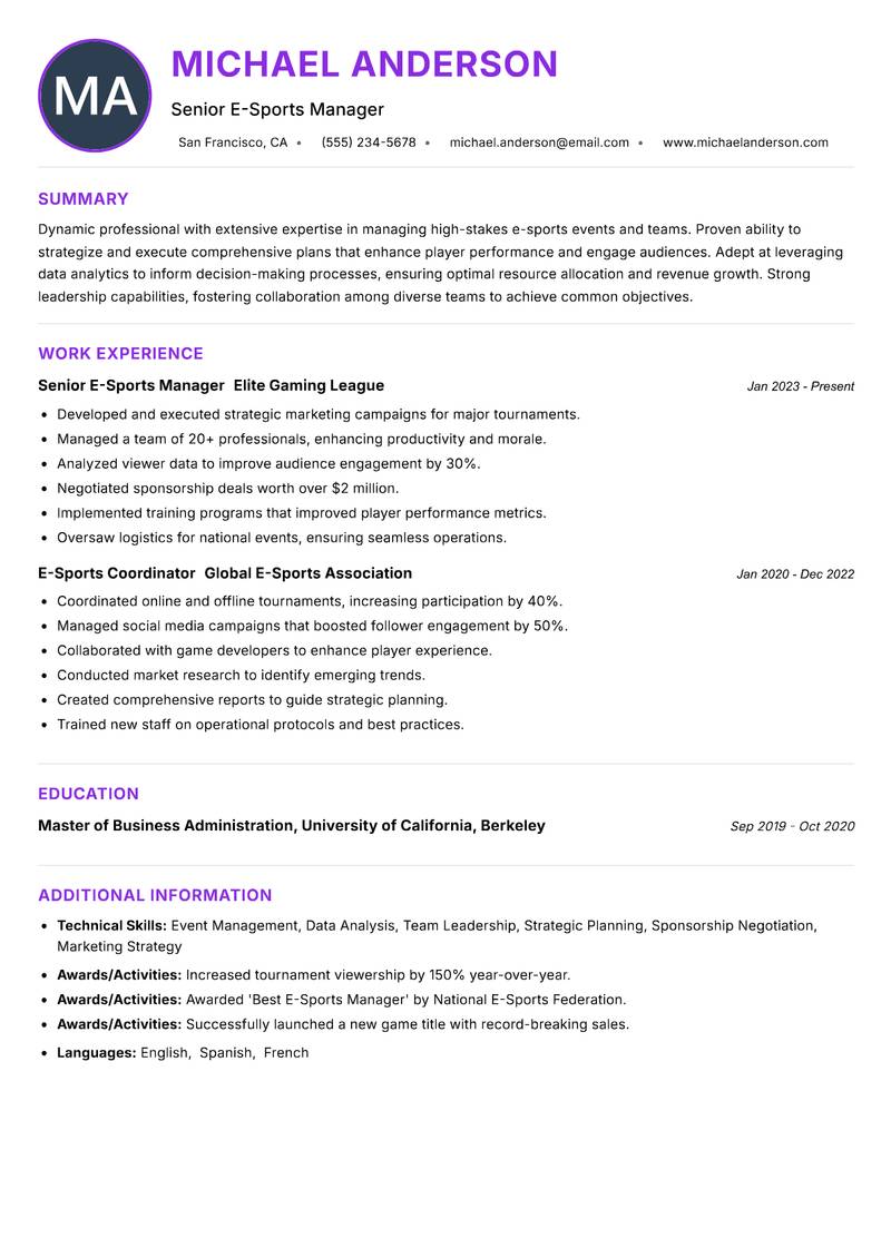 Senior E-Sports Manager Resume Preview Example