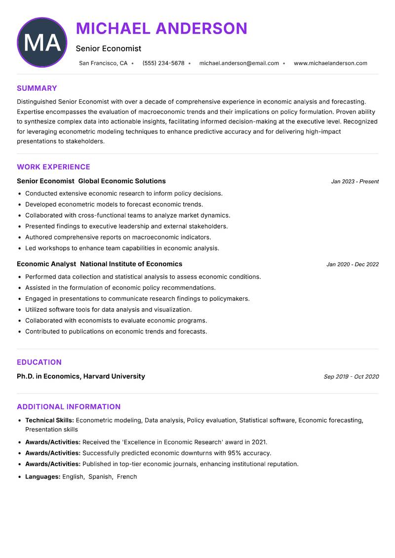 Senior Economist Resume Preview Example