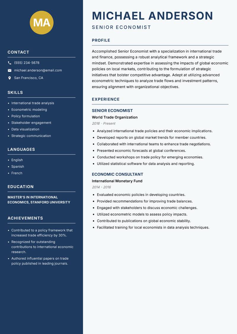 Senior Economist Resume Preview Example