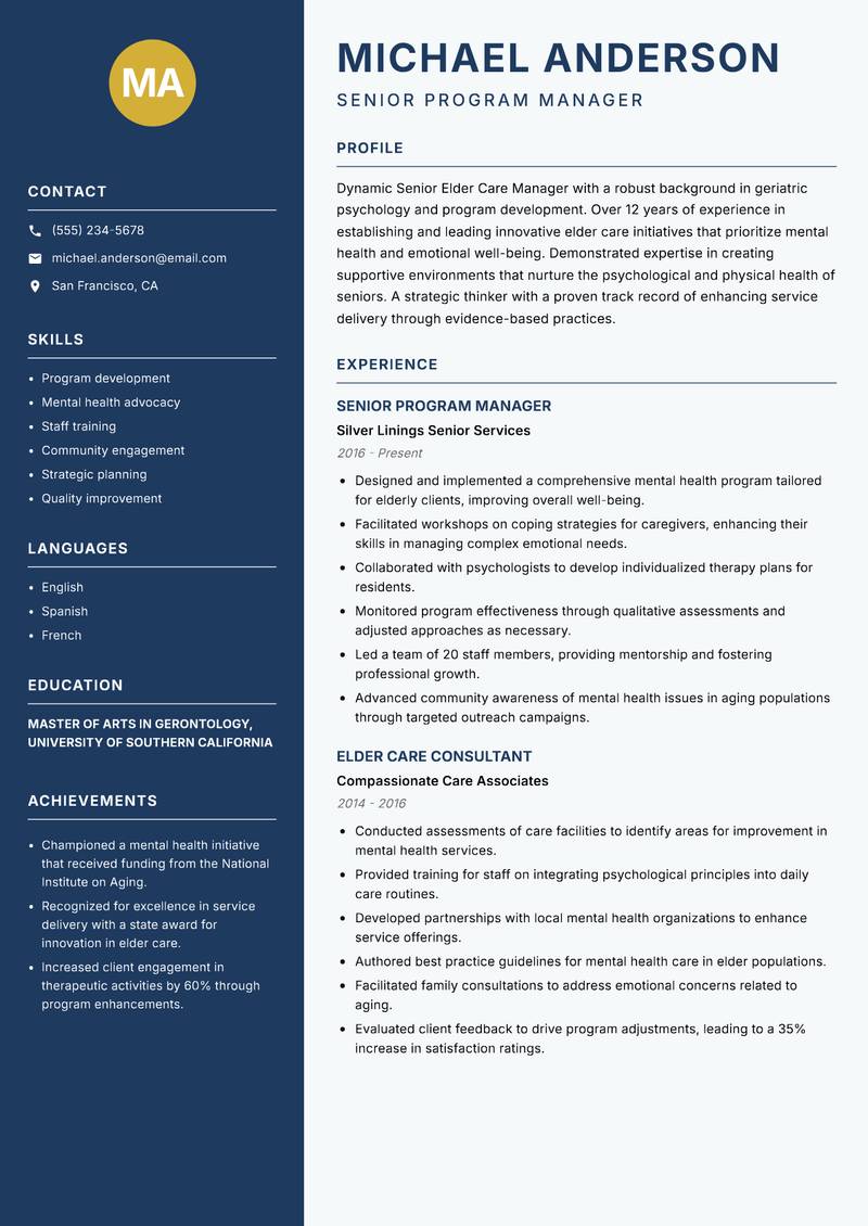 Senior Elder Care Manager Resume Preview Example