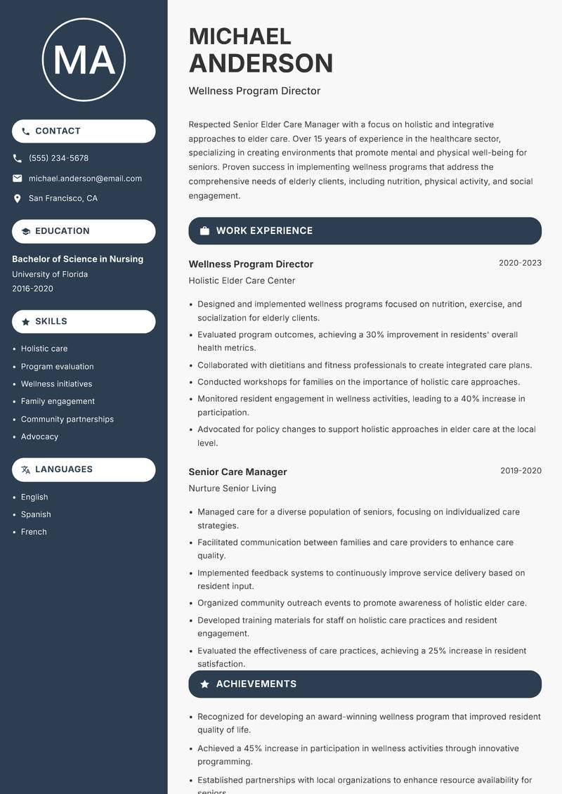 Senior Elder Care Manager Resume Preview Example