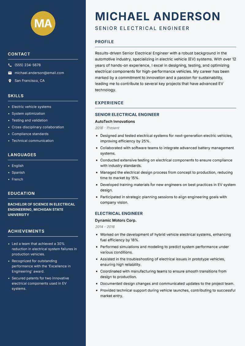 Senior Electrical Engineer Resume Preview Example