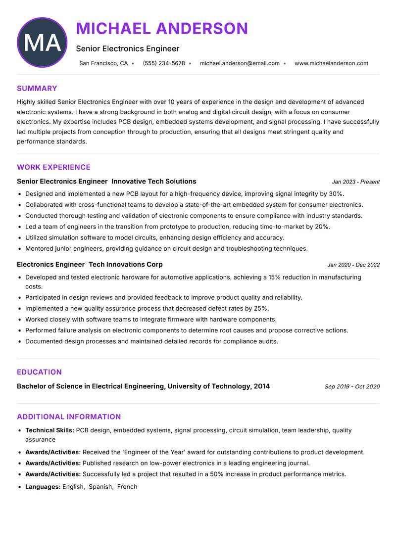 Senior Electronics Engineer Resume Preview Example