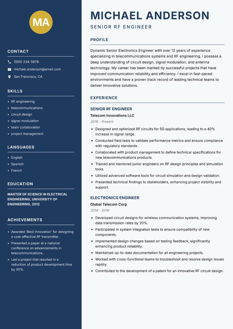 Senior Electronics Engineer Resume Preview Example
