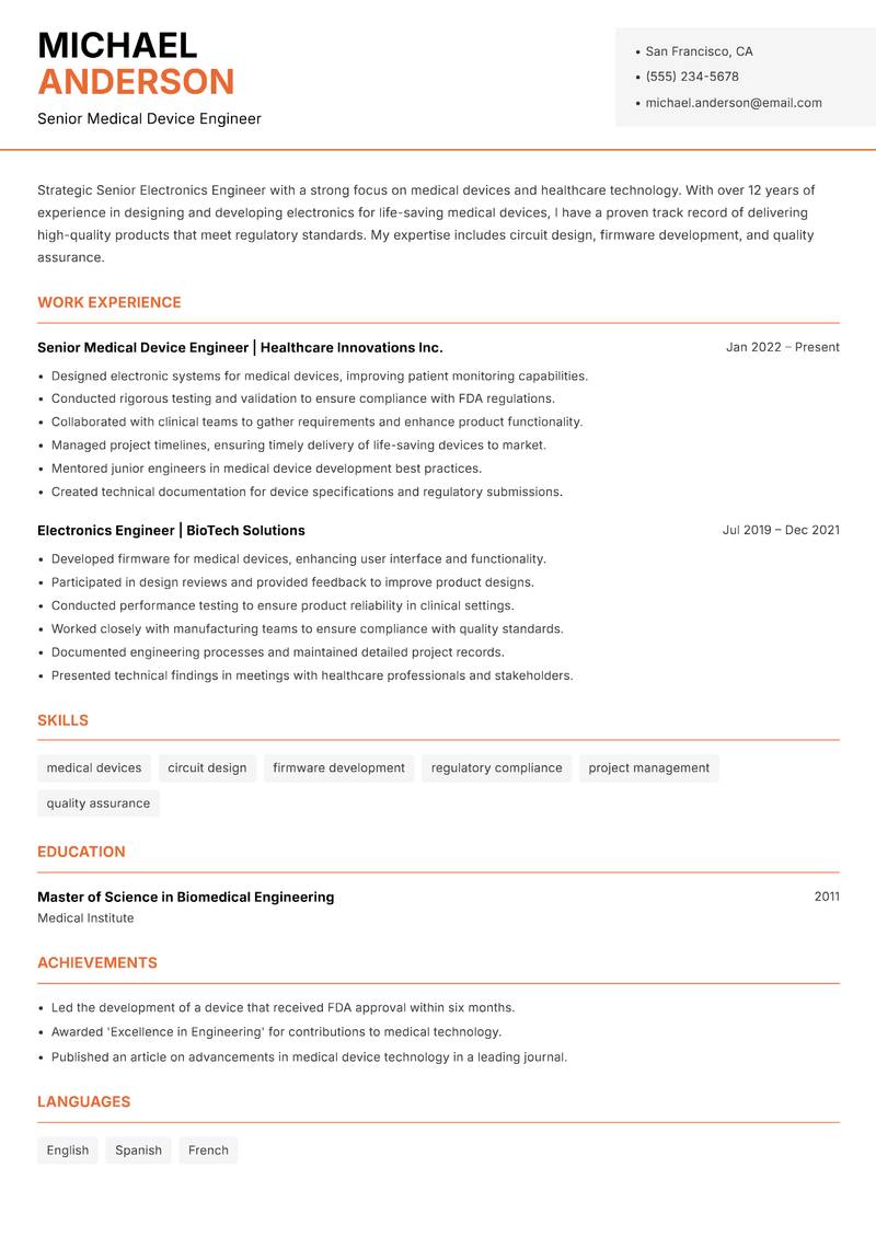 Senior Electronics Engineer Resume Template