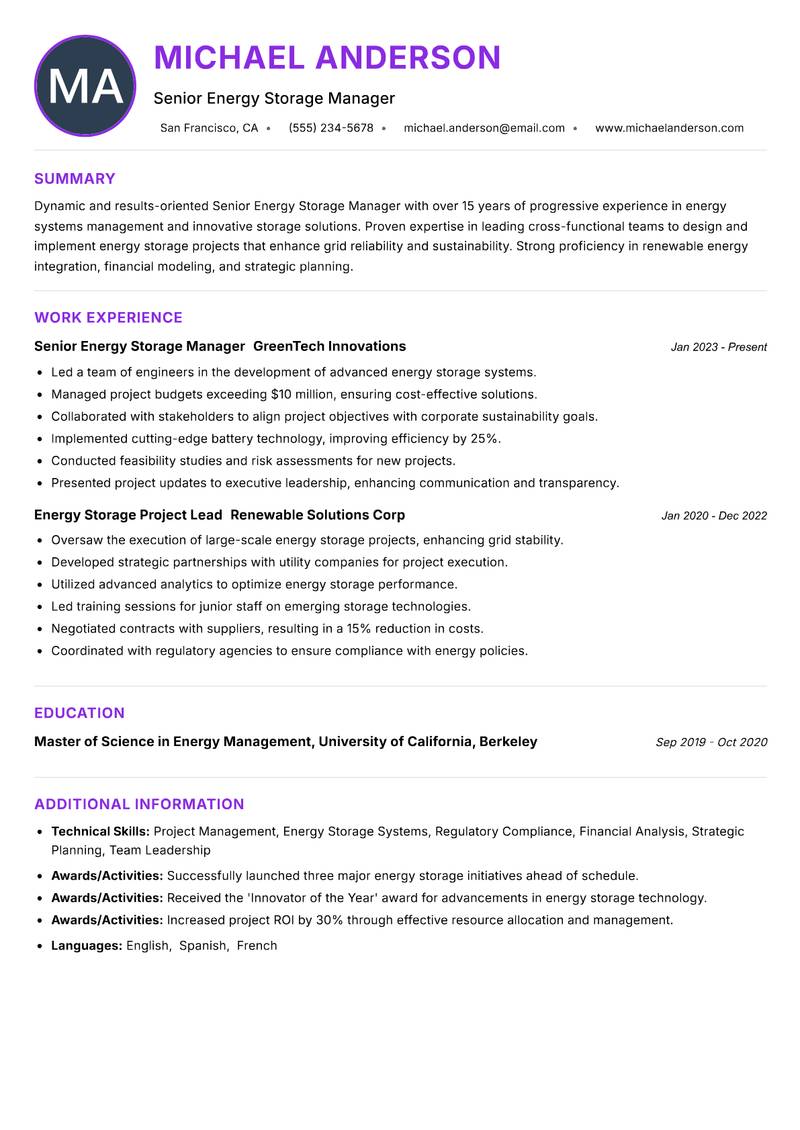 Senior Energy Storage Manager Resume Preview Example