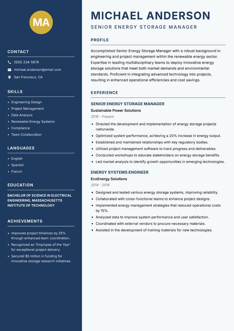 Senior Energy Storage Manager Resume Preview Example