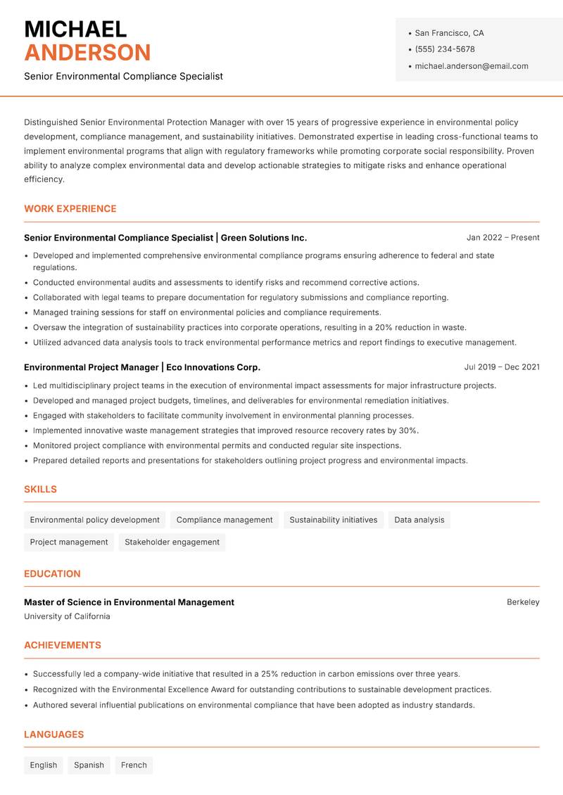 Senior Environmental Protection Manager Resume Template