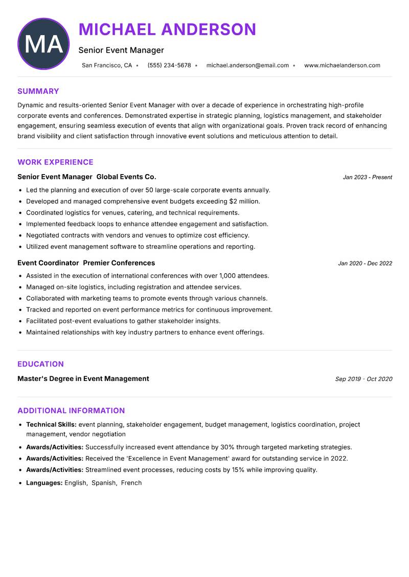 Senior Event Manager Resume Preview Example