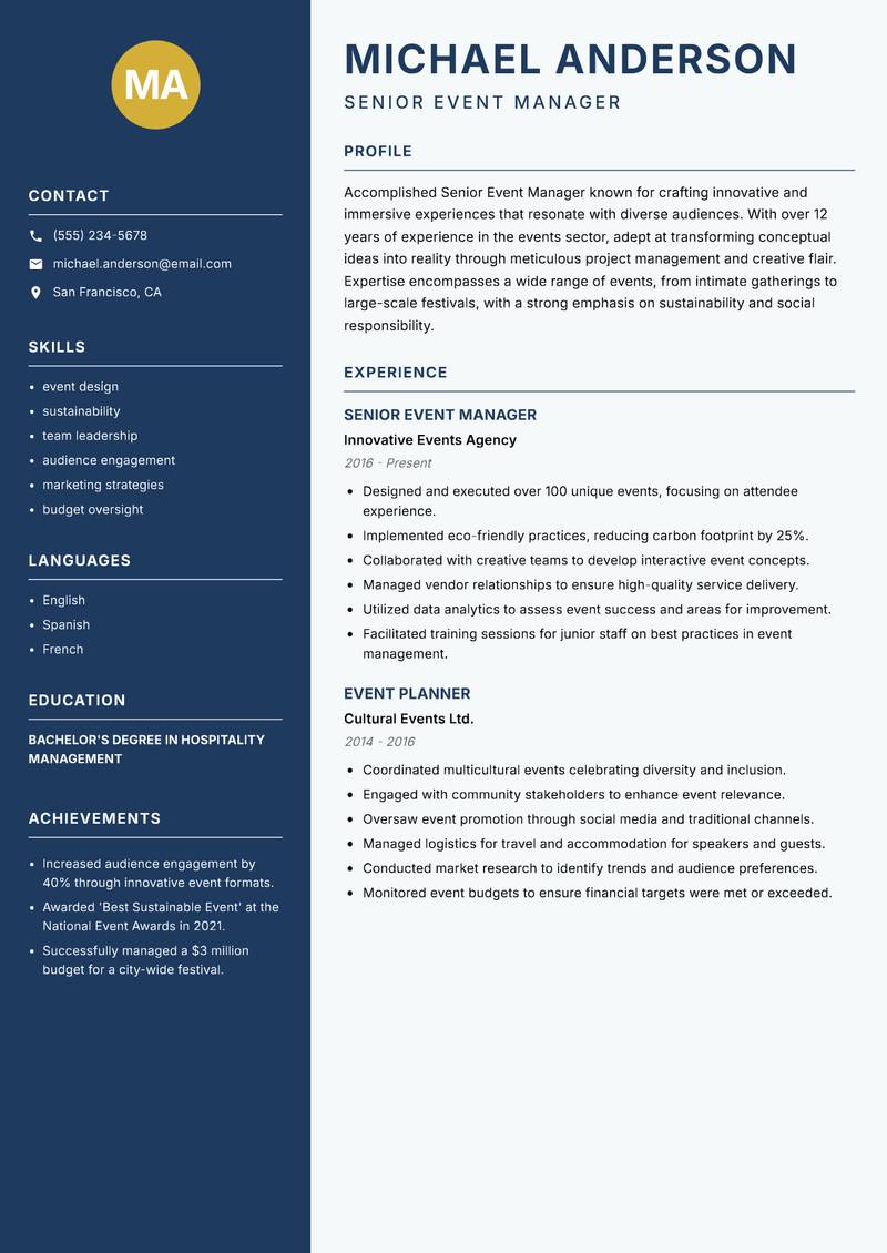 Senior Event Manager Resume Preview Example