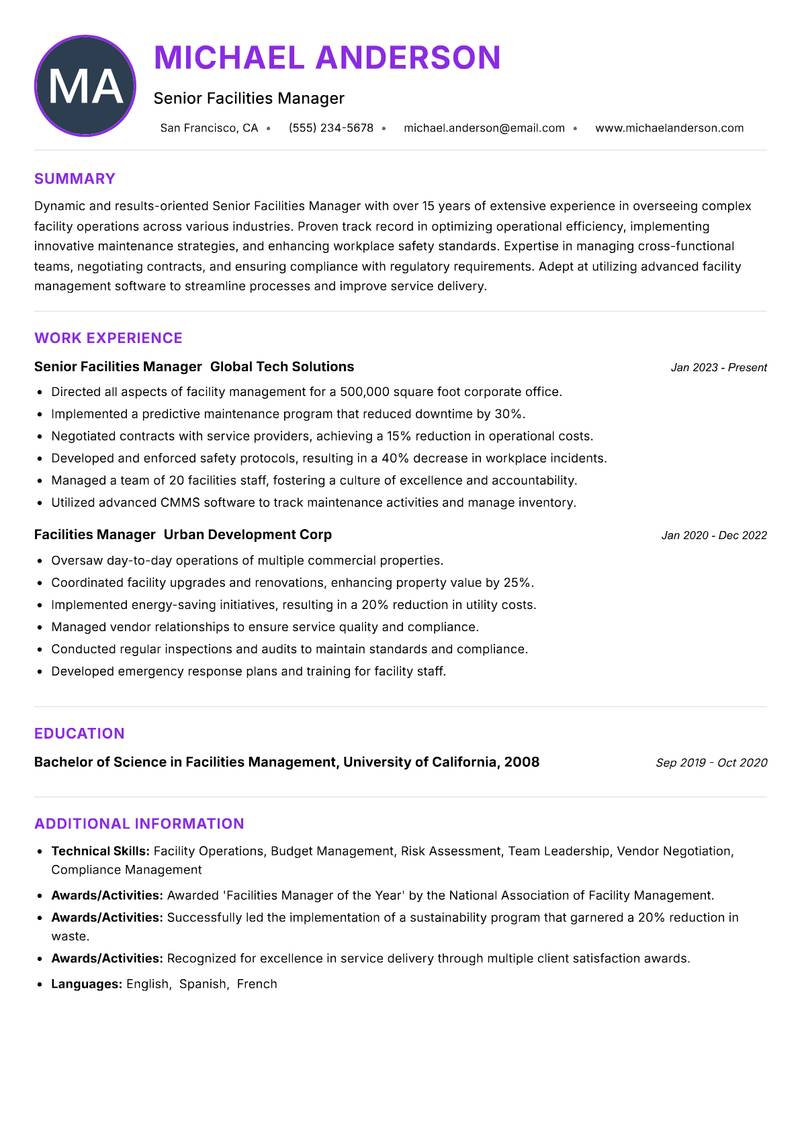 Senior Facilities Manager Resume Preview Example
