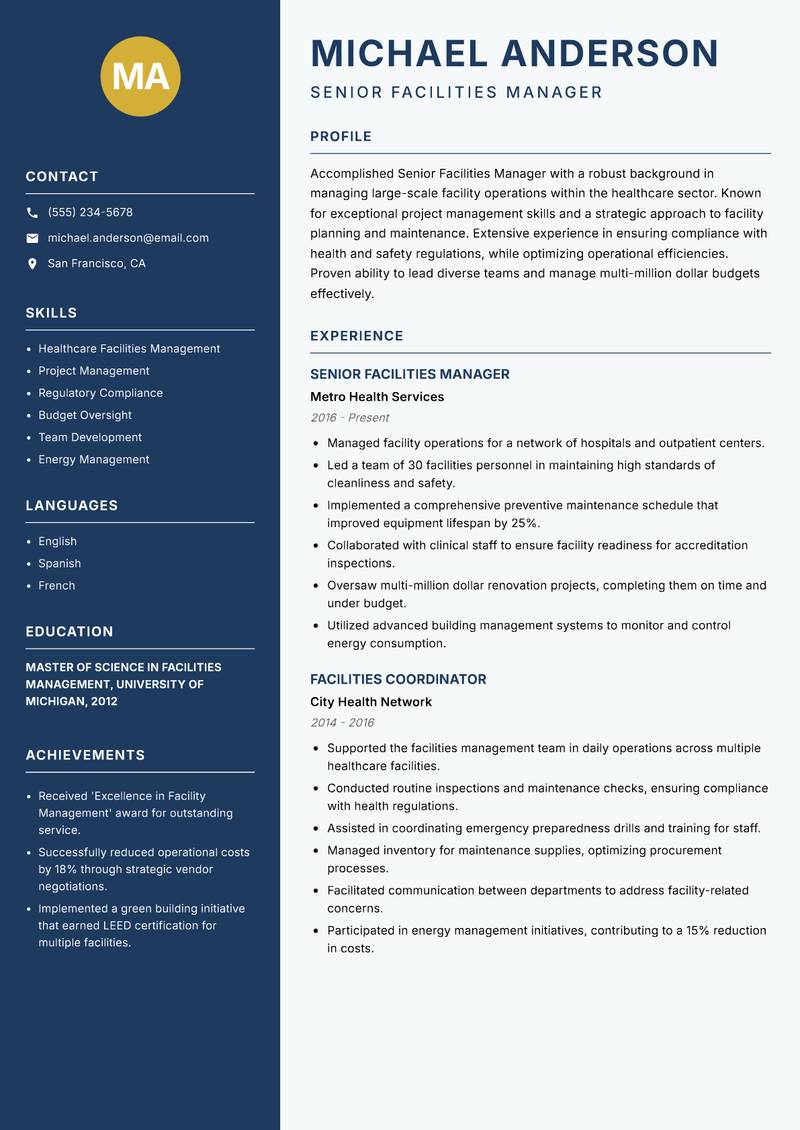Senior Facilities Manager Resume Preview Example
