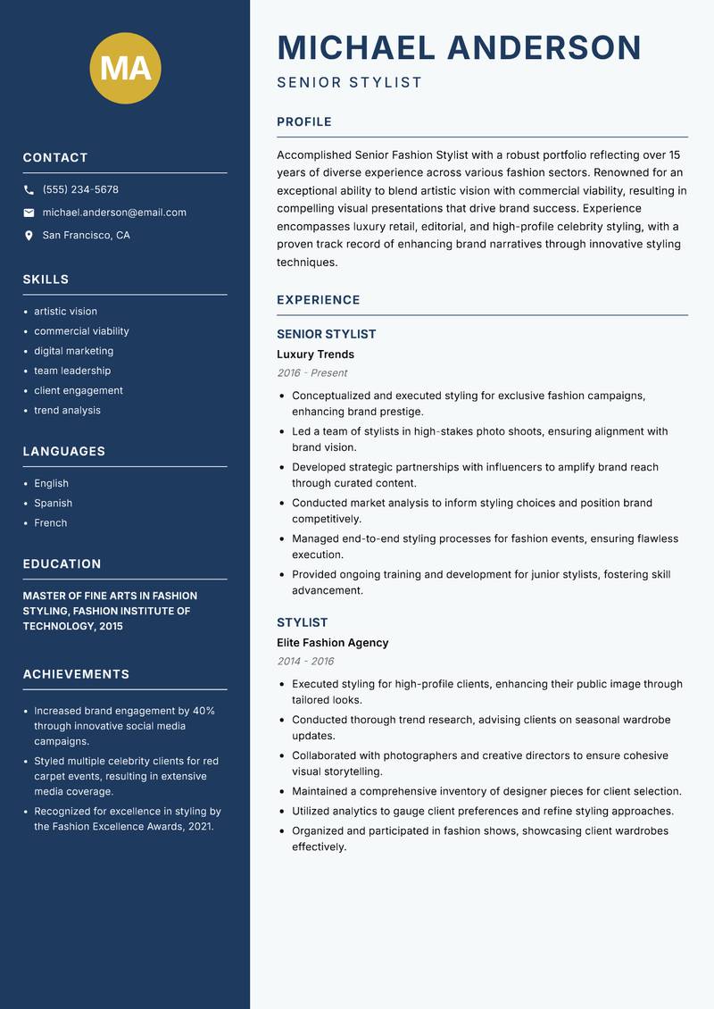 Senior Fashion Stylist Resume Preview Example