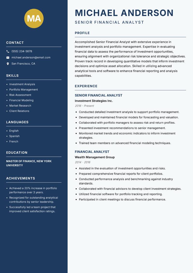 Senior Financial Analyst Resume Preview Example