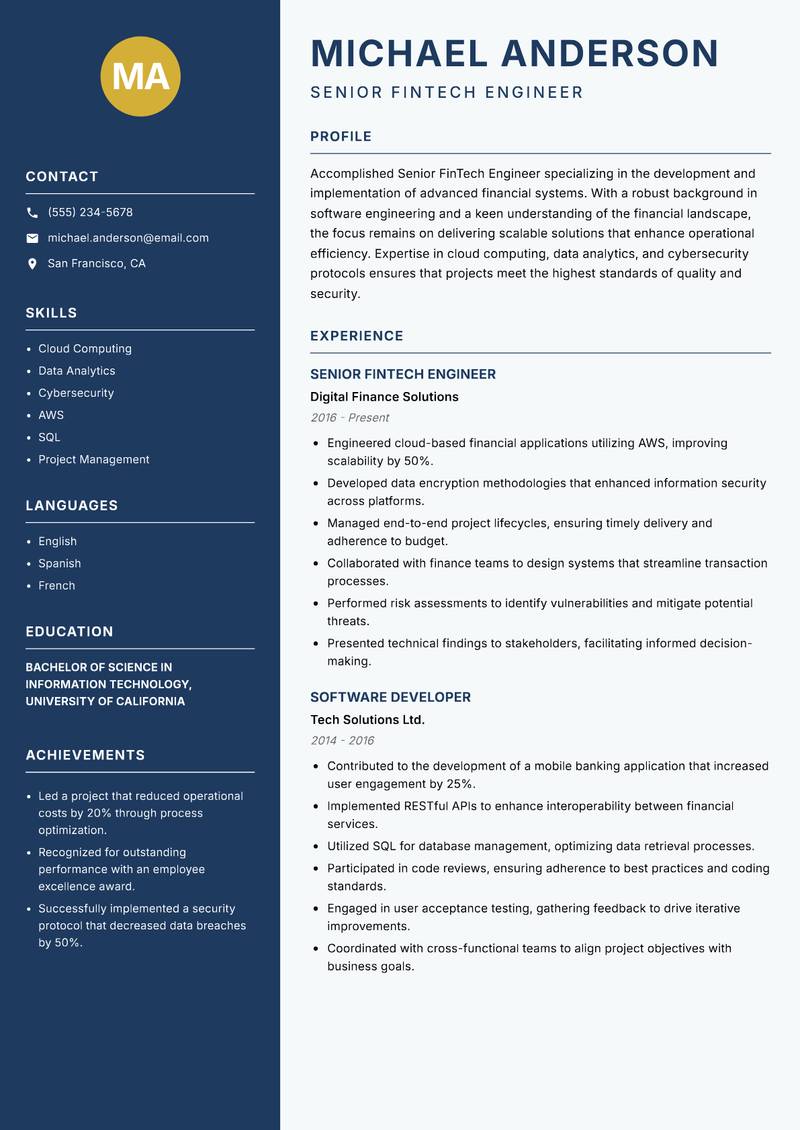Senior FinTech Engineer Resume Preview Example