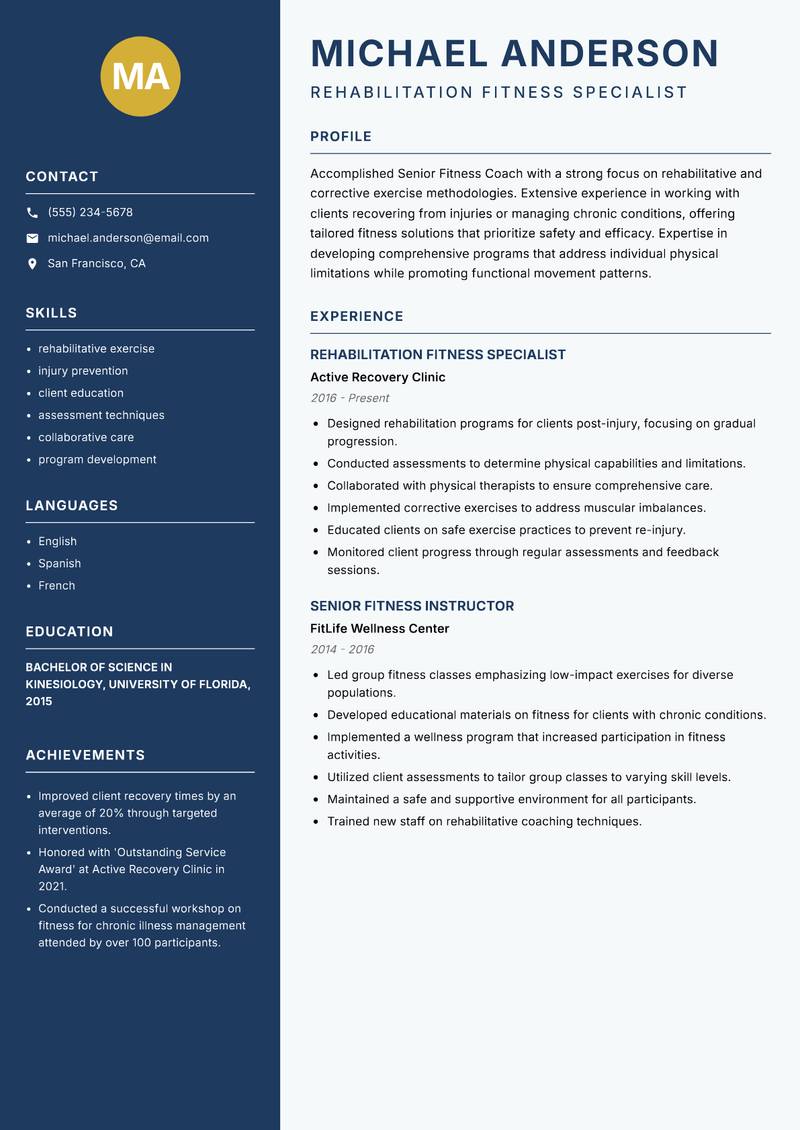 Senior Fitness Coach Resume Preview Example