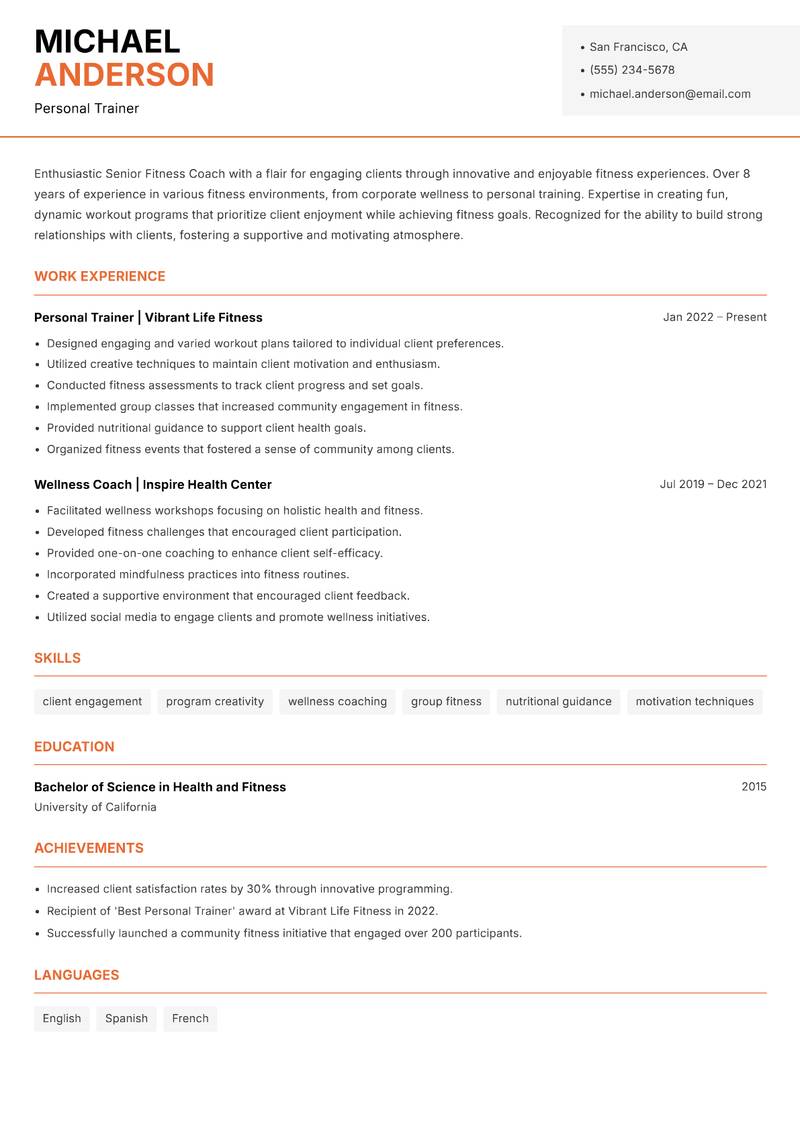 Senior Fitness Coach Resume Template