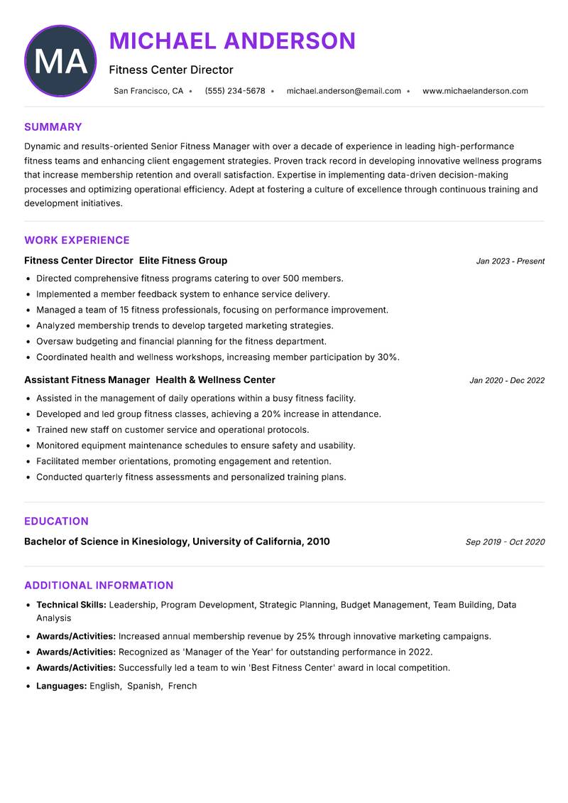 Senior Fitness Manager Resume Preview Example