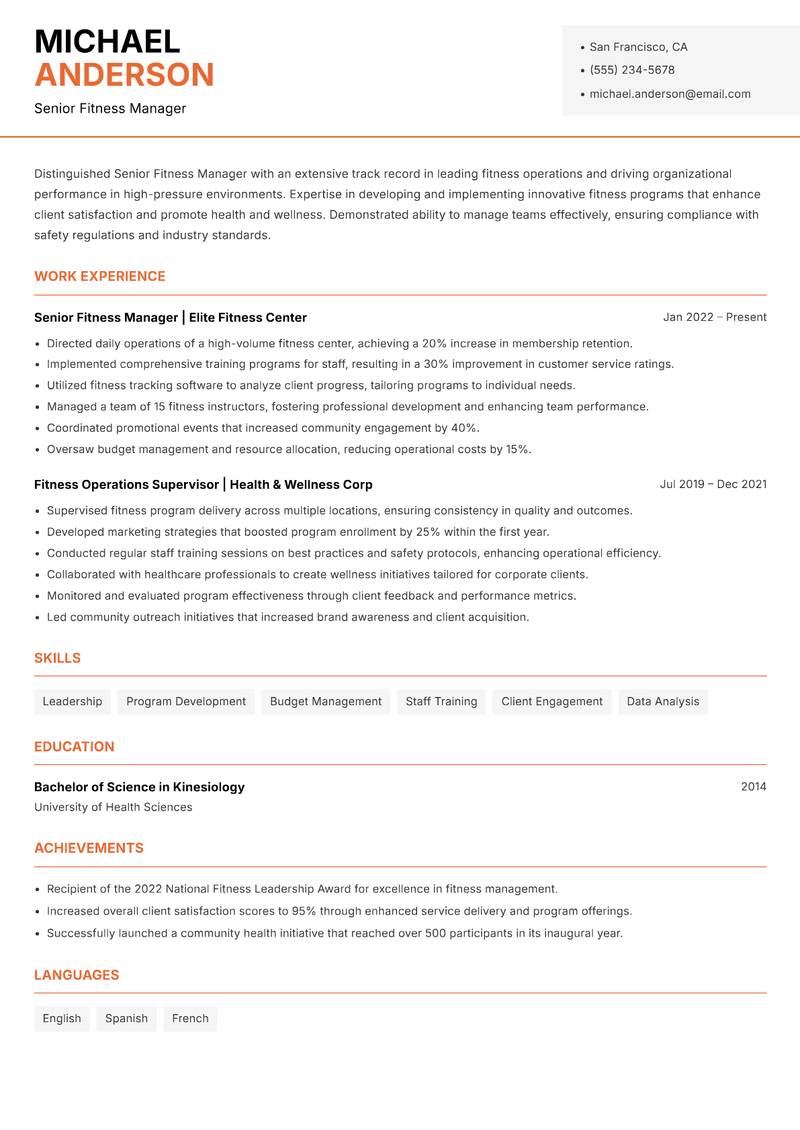 Senior Fitness Manager Resume Template