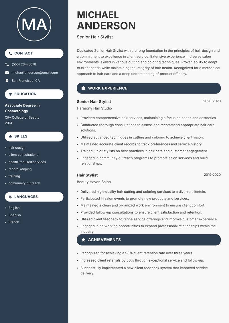Senior Hair Stylist Resume Preview Example