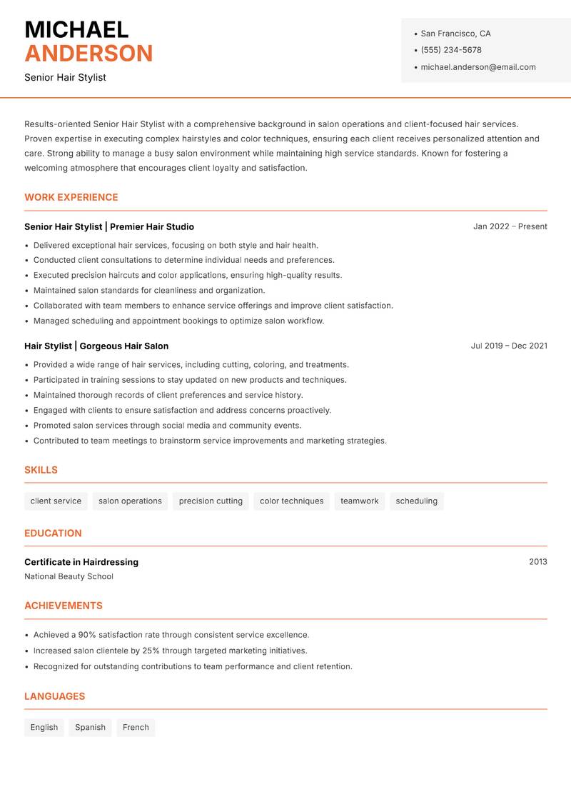 Senior Hair Stylist Resume Template