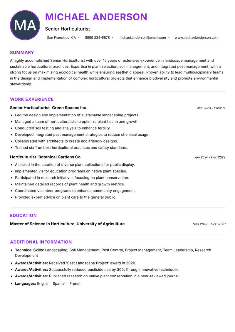 Senior Horticulturist Resume Preview Example